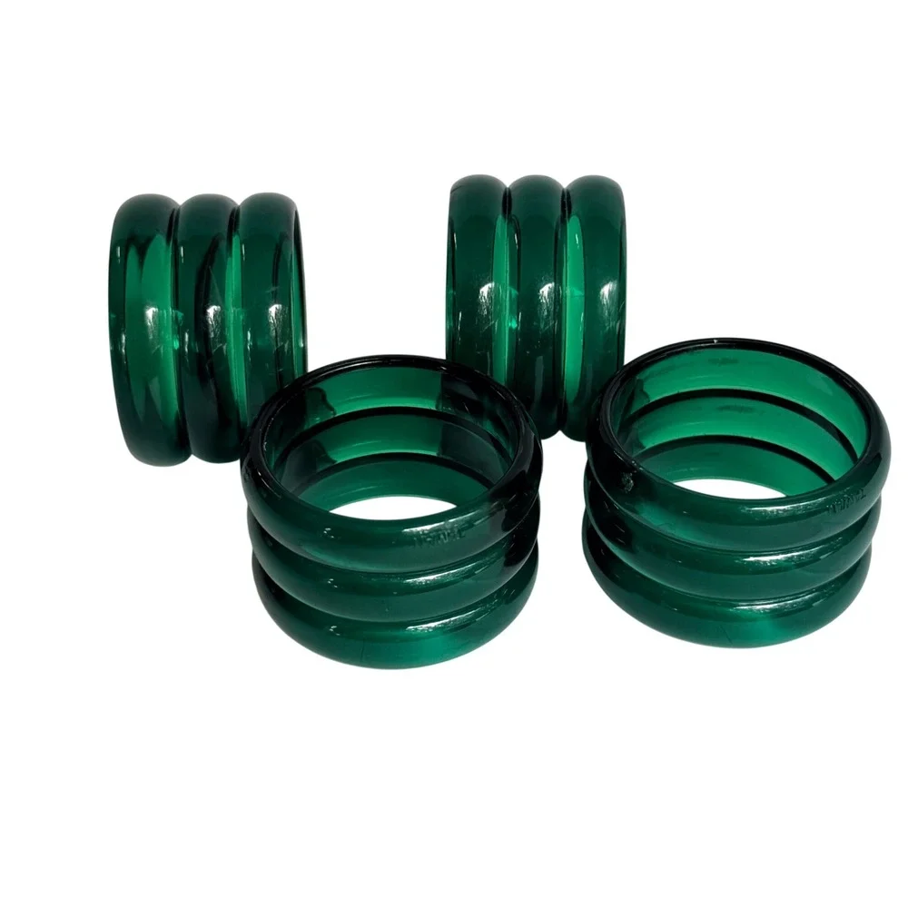 Vintage Emerald Green Lucite Napkin Rings Set of 4 Ribbed Acrylic Taiwan MCM